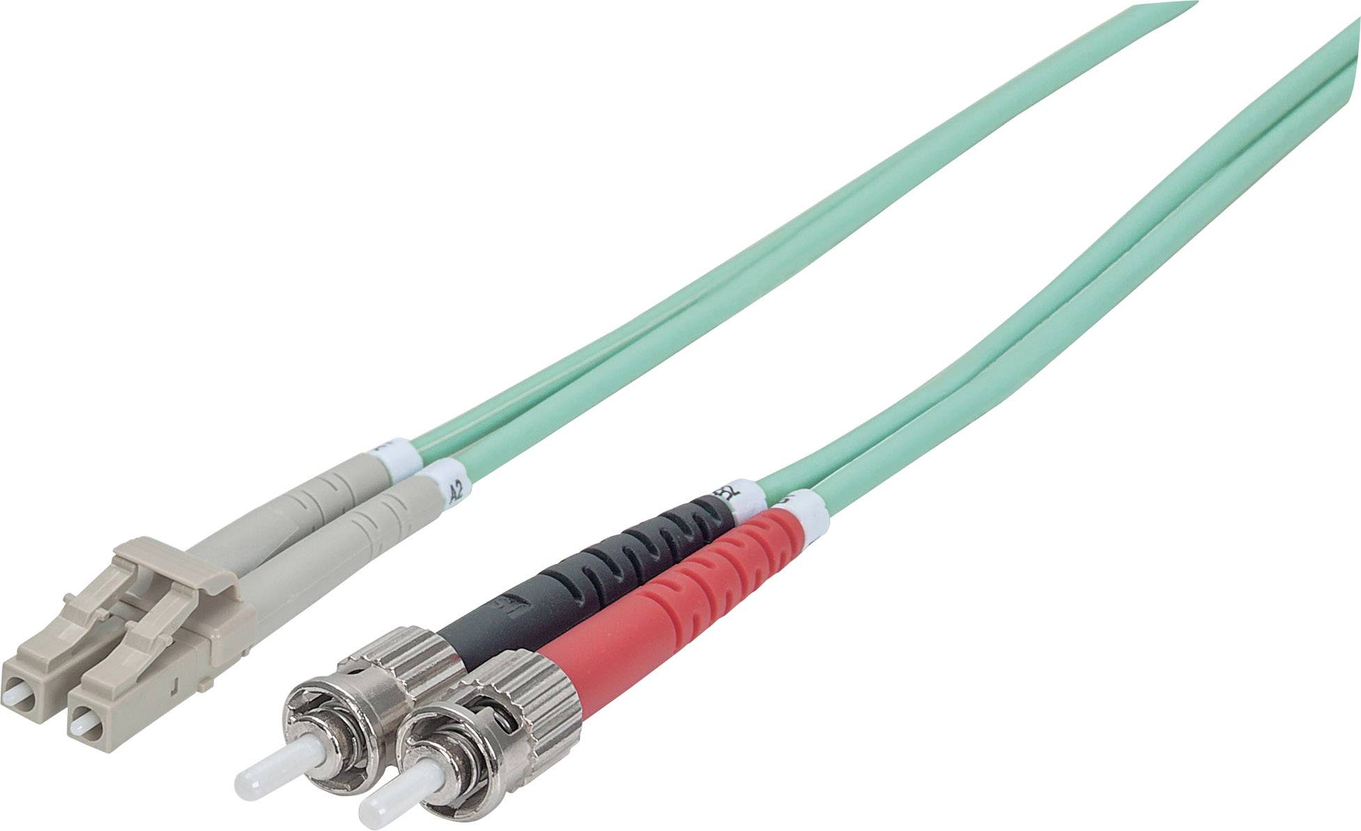 To dansk:<br><br>To turkisblå fiberkabel med LC- og ST-stik, hvoraf ét er markeret med rød og ét med sort, til datatransmission.