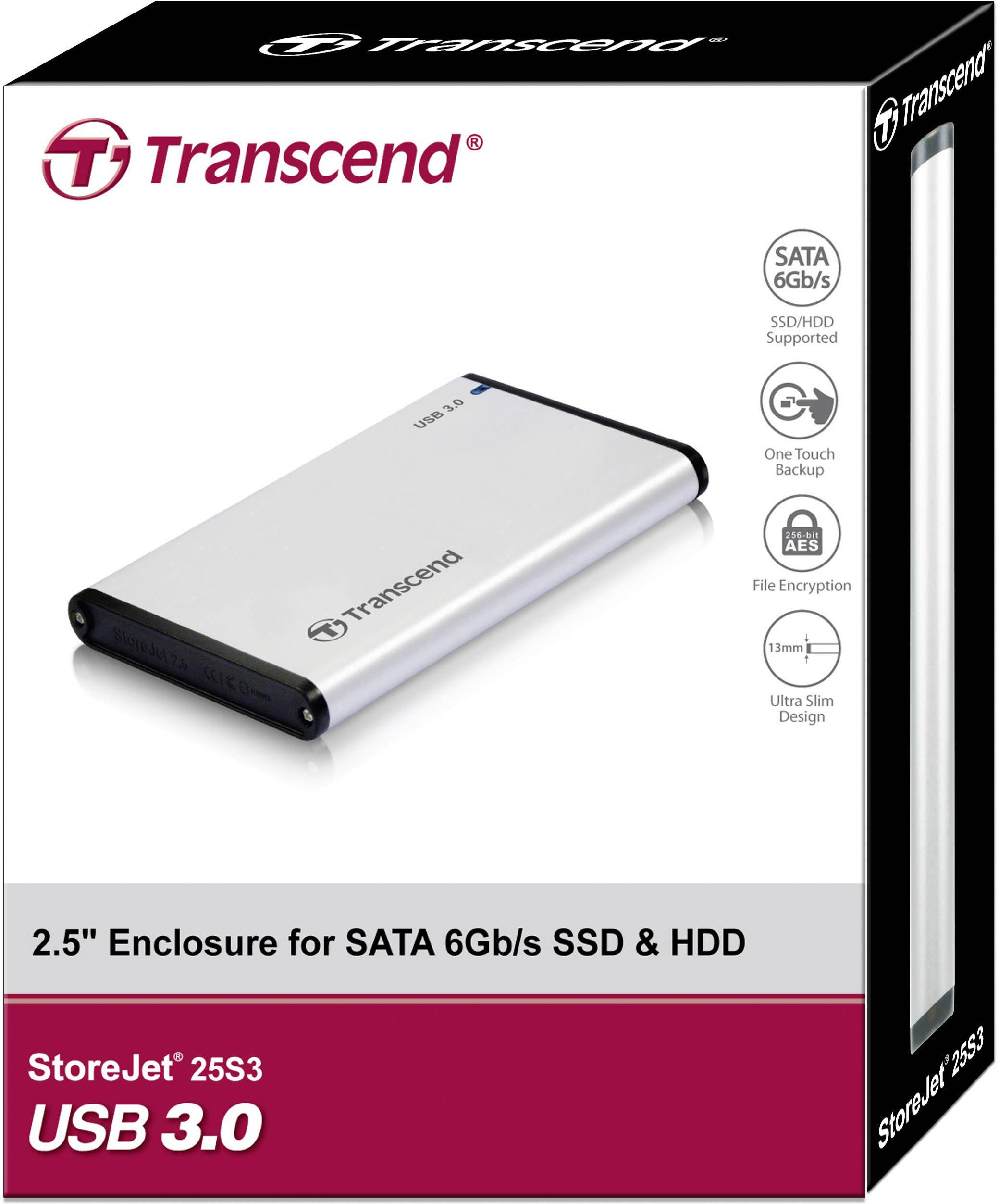 Externe harddiskboks fra Transcend til 2,5" SATA SSD og HDD, USB 3.0, kompatibel med 6Gb/s SATA, nem sikkerhedsknap.