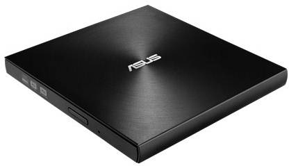 Sort, slankt eksternt drev med Asus-logo. Flad konstruktion, egnet til CD'er og DVD'er.