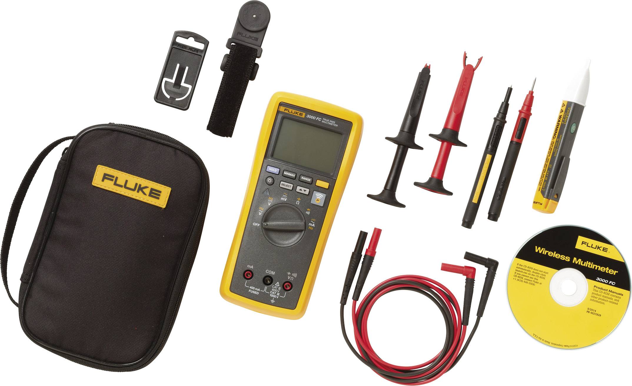 Multimetermålesæt bestående af et digitalt multimeter, målekabler, klemmer, en beskyttelsestaske og en cd med software.