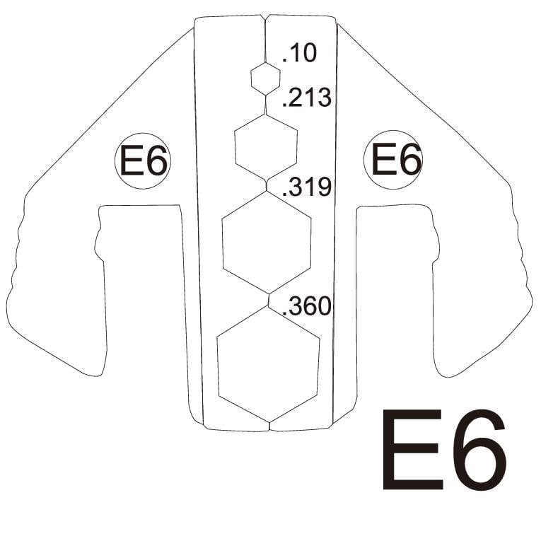 Et teknisk diagram viser en profilvisning af et fastgørelsesværktøj med 'E6' mærkning og størrelsesangivelser som '.10' og '.360'.