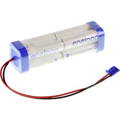 Et cylindrisk batteripak med blåt forbindelsesledning og stikforbindelse. Indeholder flere eneloop-batterier.
