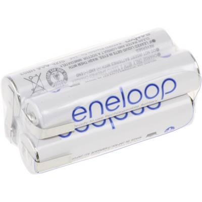 Fire Eneloop-batterier pakket i en gennemsigtig emballage i en stablet formation.
