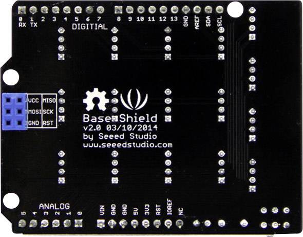 Base Shield v2.0 fra Seeed Studio, et udvidelseskort til Arduino med digitale, analoge ben og strømtilslutninger.