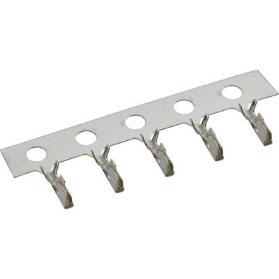 Metalstribe med fem parallelt placerede stikforbindere, egnet til elektrisk kontaktering i elektroniske enheder.
