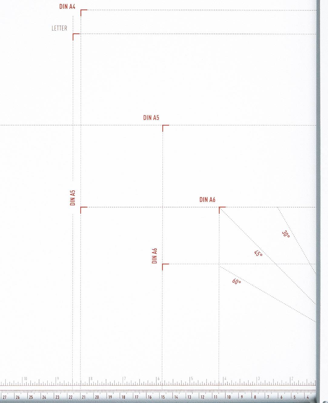 Diagrammet viser størrelserne af papirformater DIN A4, A5 og A6 i sammenligning med 'Letter'. Indeholder målangivelser og foldningslinjer.