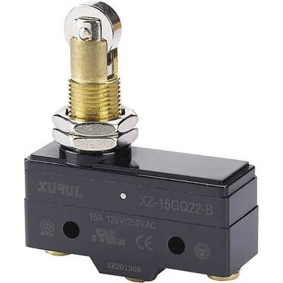 Trykknap XZ-15GQ22-B, 15A 125V/250VAC, sort base, guldfarvet aksel og skruelåg.
