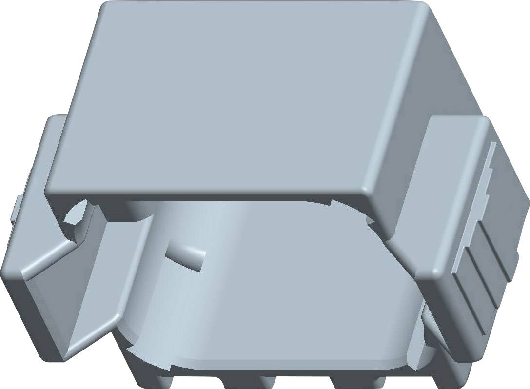 En 3D-model af en grå, rektangulær plastikkomponent med afrundede kanter og sidemonteringsfæster.