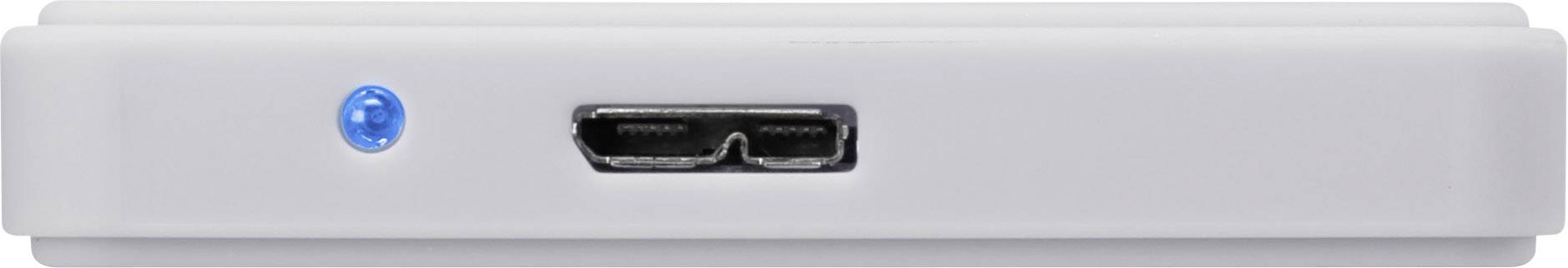 En hvid elektronisk enhed med et blåt lys på venstre side og en HDMI-port i midten.