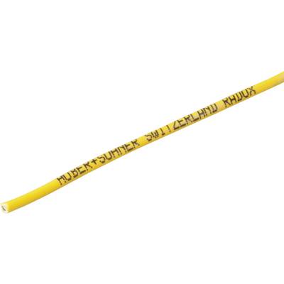 Gult elektrisk kabel med sort påtrykt tekst 'Huber+Suhner Switzerland Radix'.