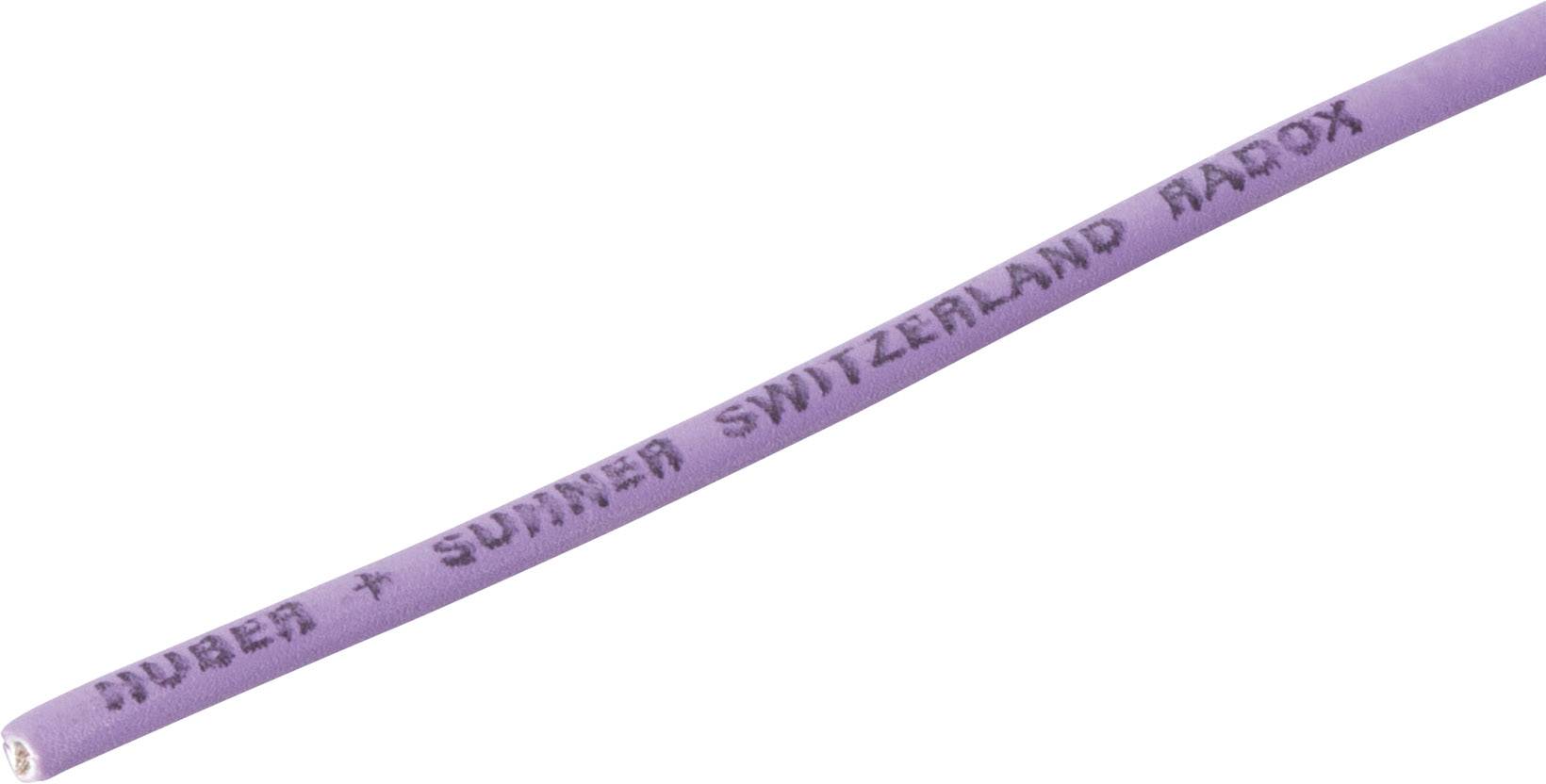 Lilla kabel med påskriften 'Huber + Suhner Switzerland Radox', muligvis et elektrisk eller elektronisk forbindelseskabel.