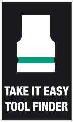 Grafikken viser teksten 'Take it Easy Tool Finder' under et stiliseret symbol af et værktøj.