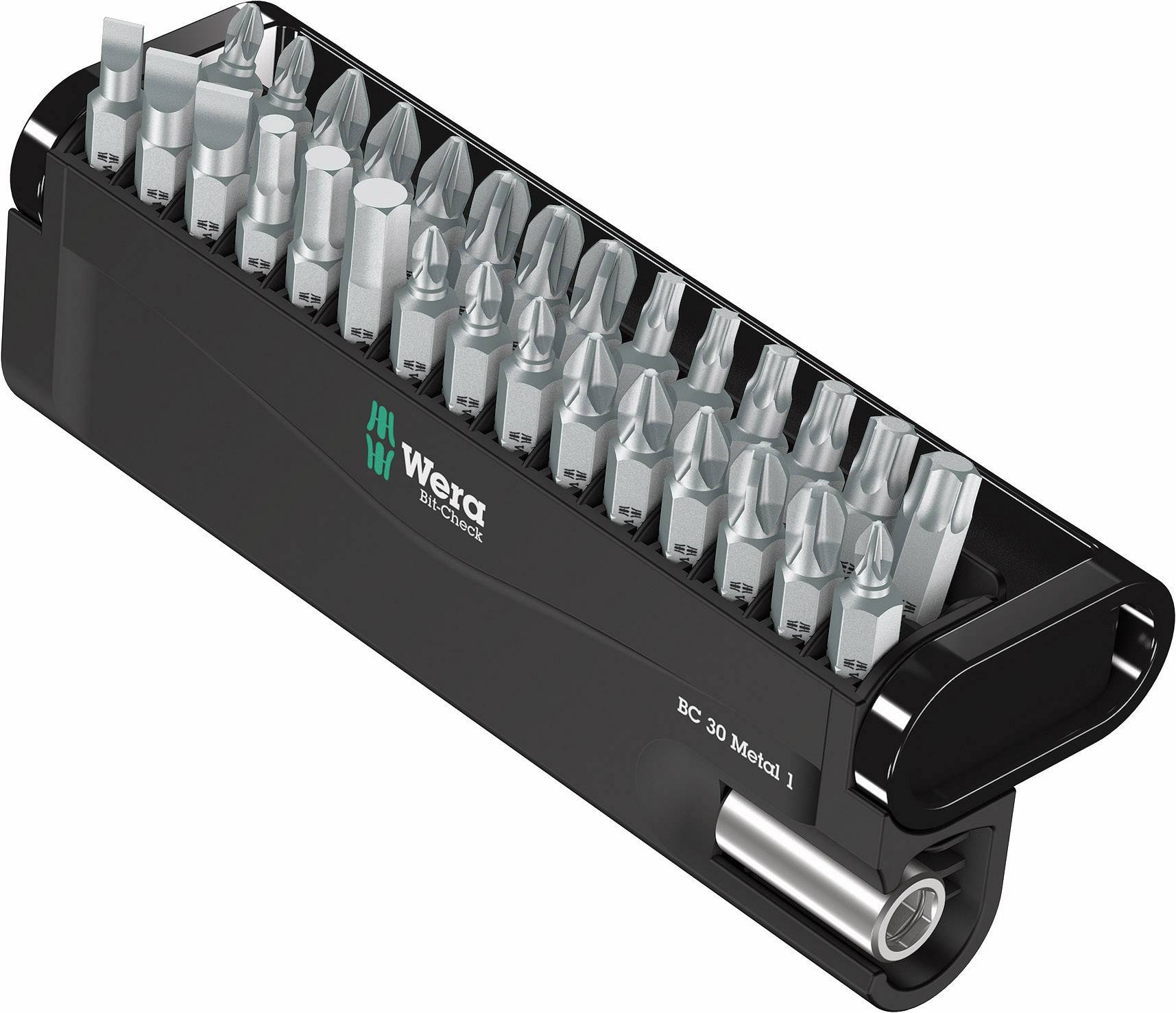 Et sæt på 30 metal-bits i en sort holder fra mærket Wera, velegnet til skruetrækkere, stående oprejst.