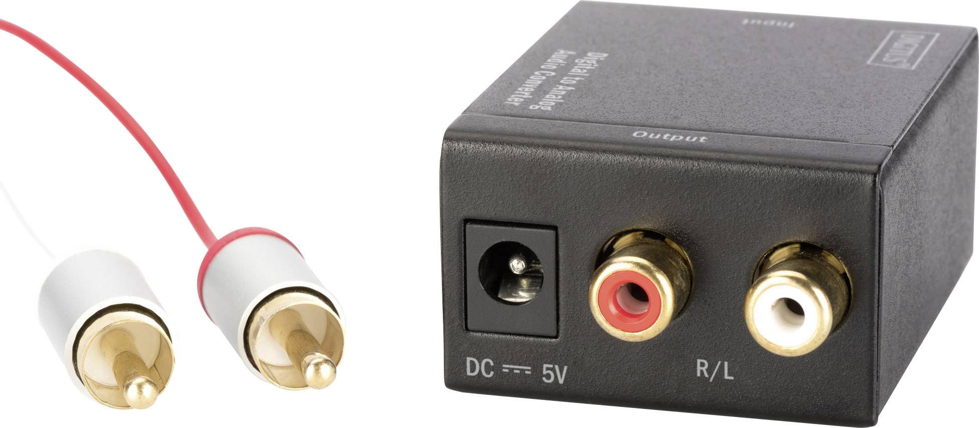 En lydkonverter med RCA-udgange og strømtilslutning, ved siden af to RCA-stik i rødt og hvidt til tilslutning af lydenheder.