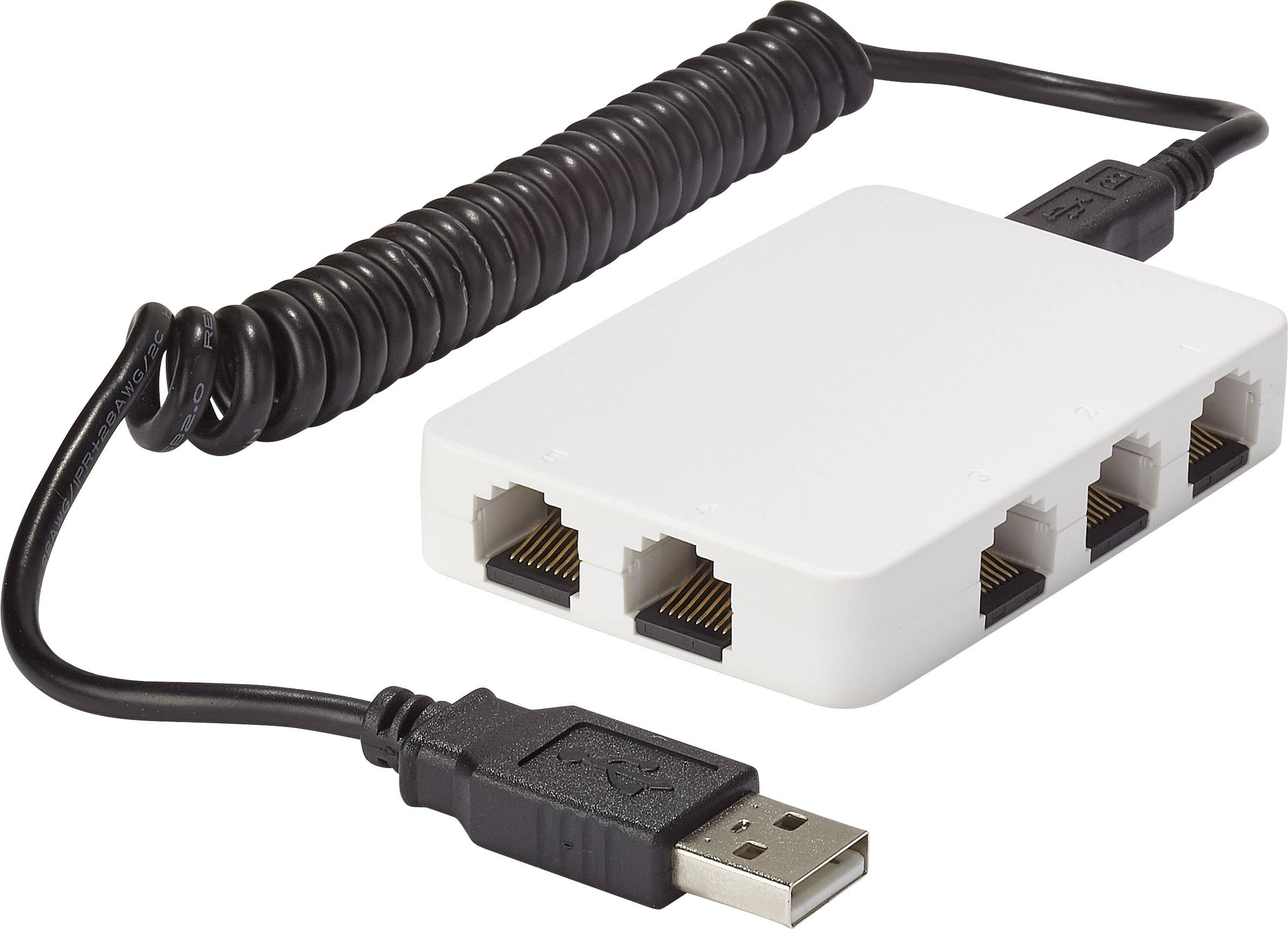 En hvid Ethernet-splitter med tre netværksgrænseflade og en USB-port til strømforsyning.