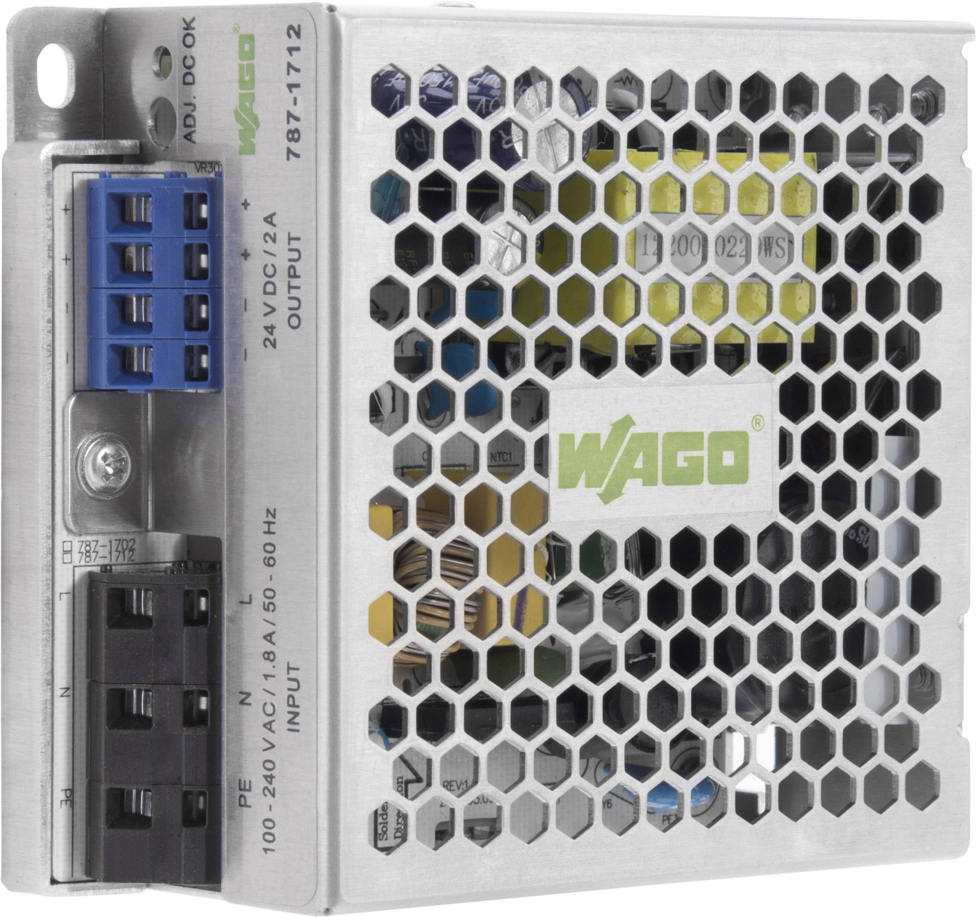 Et industrielt strømforsyningsmodul fra Wago med sekskantede gitterrammer, blå forbindelsesklemmer og en effektangivelse: '24VDC 2A Output'.