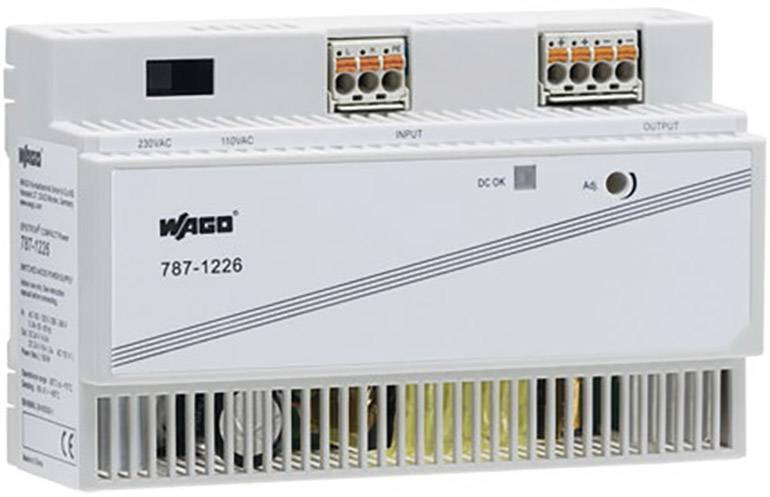 En hvid strømforsyningsenhed fra mærket WAGO, model 787-1226, med tilslutninger til 220V/AC og 110V/AC samt ind- og udgangsmarkeringer.