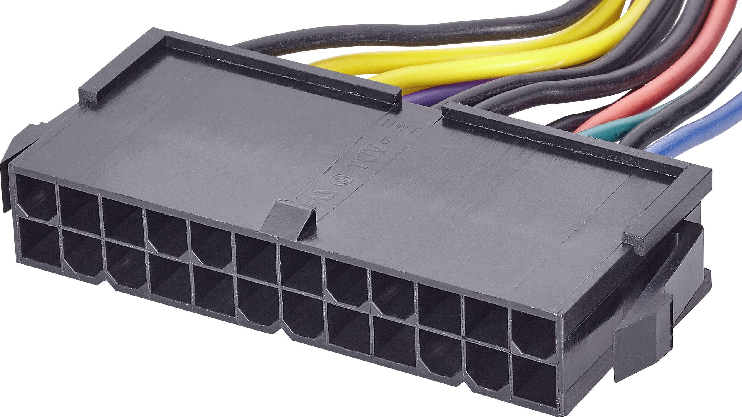 Sort 24-benet ATX-strømstik med farvede kabler til computeres strømforsyninger.