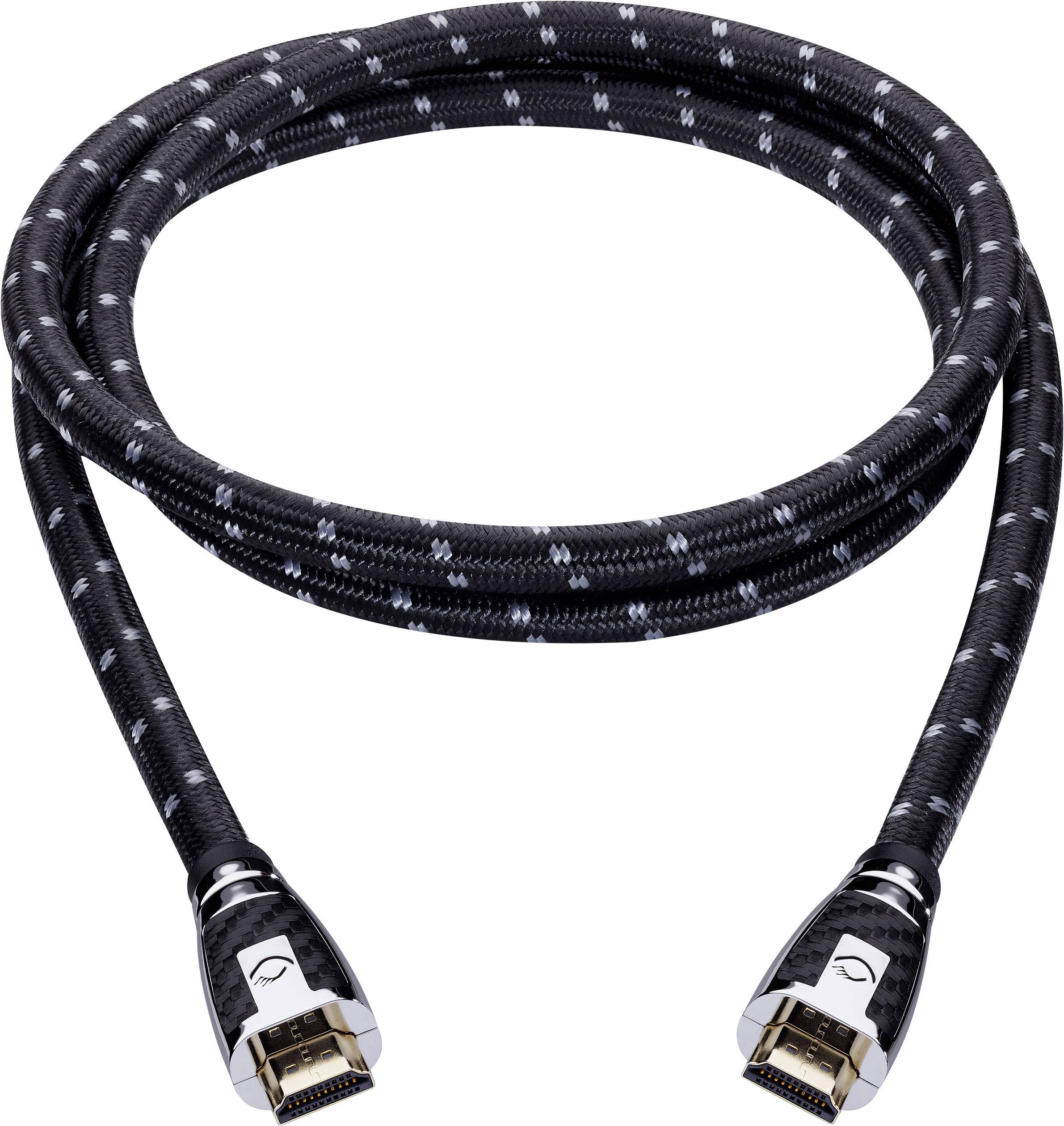 Et sort HDMI-kabel med sølvfarvede stik og flettet beskyttelseskappe, rullet op på en lys baggrund.