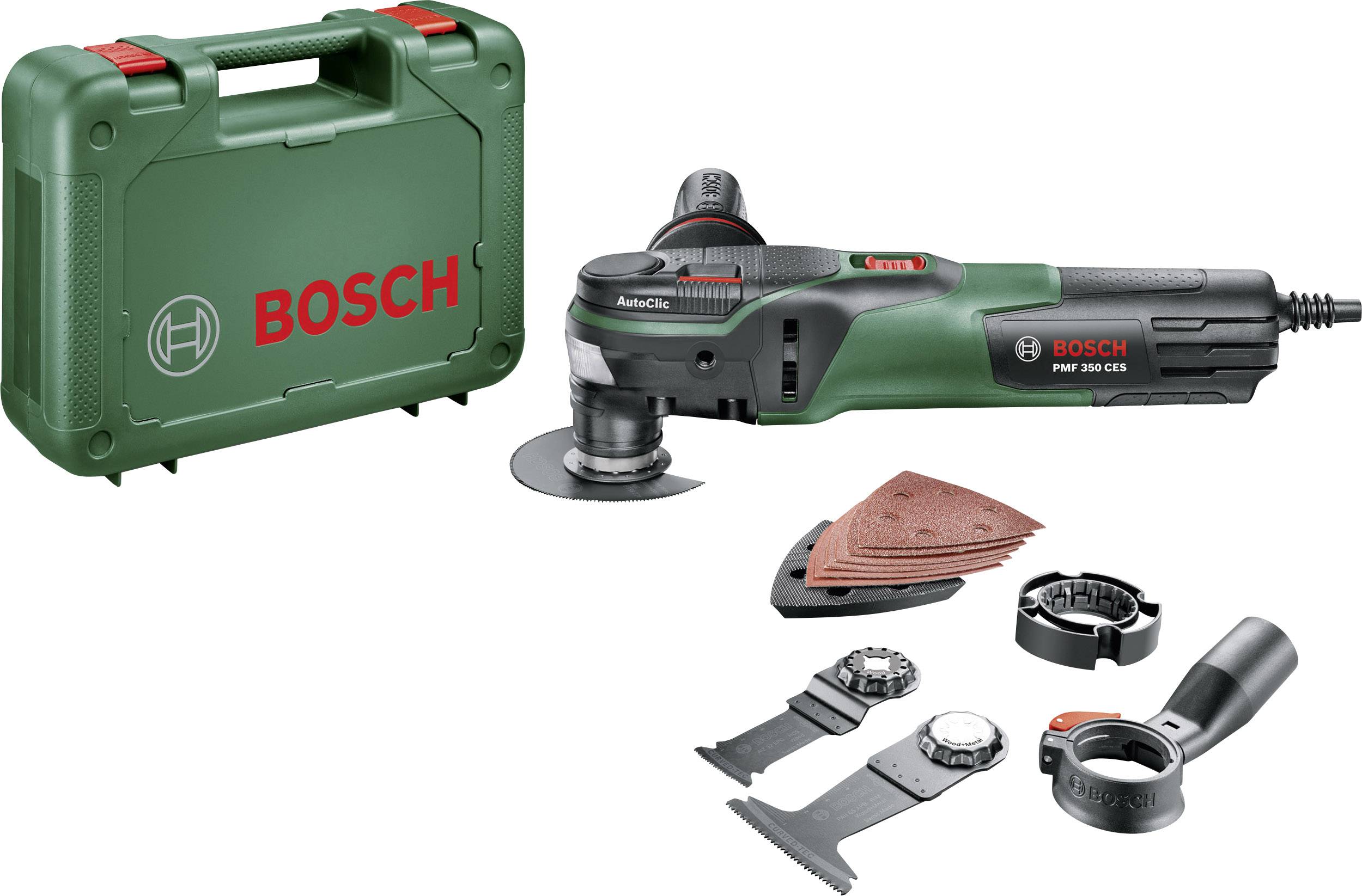 Multiværktøj fra Bosch med opbevaringskuffert, forskellige klinger og tilbehørsdele til alsidige anvendelser.