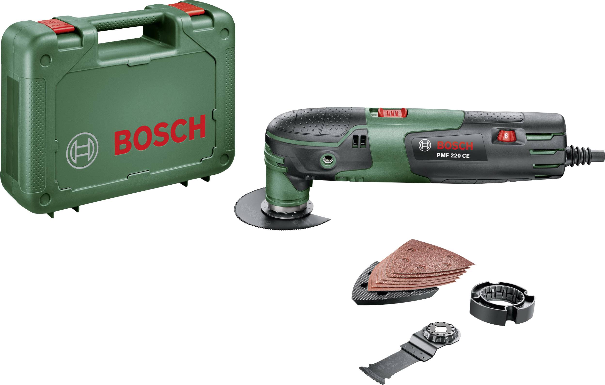 Multiværktøj fra Bosch med tilbehør: Kuffert, slibepapir, slibeplade og savklinge, vist på hvid baggrund.