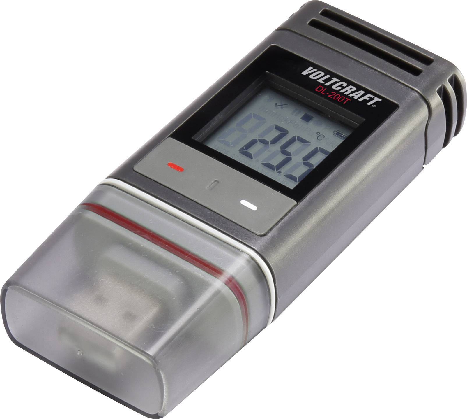 En bærbar datalogger med digitalt display til måling og registrering af temperatur og luftfugtighed.