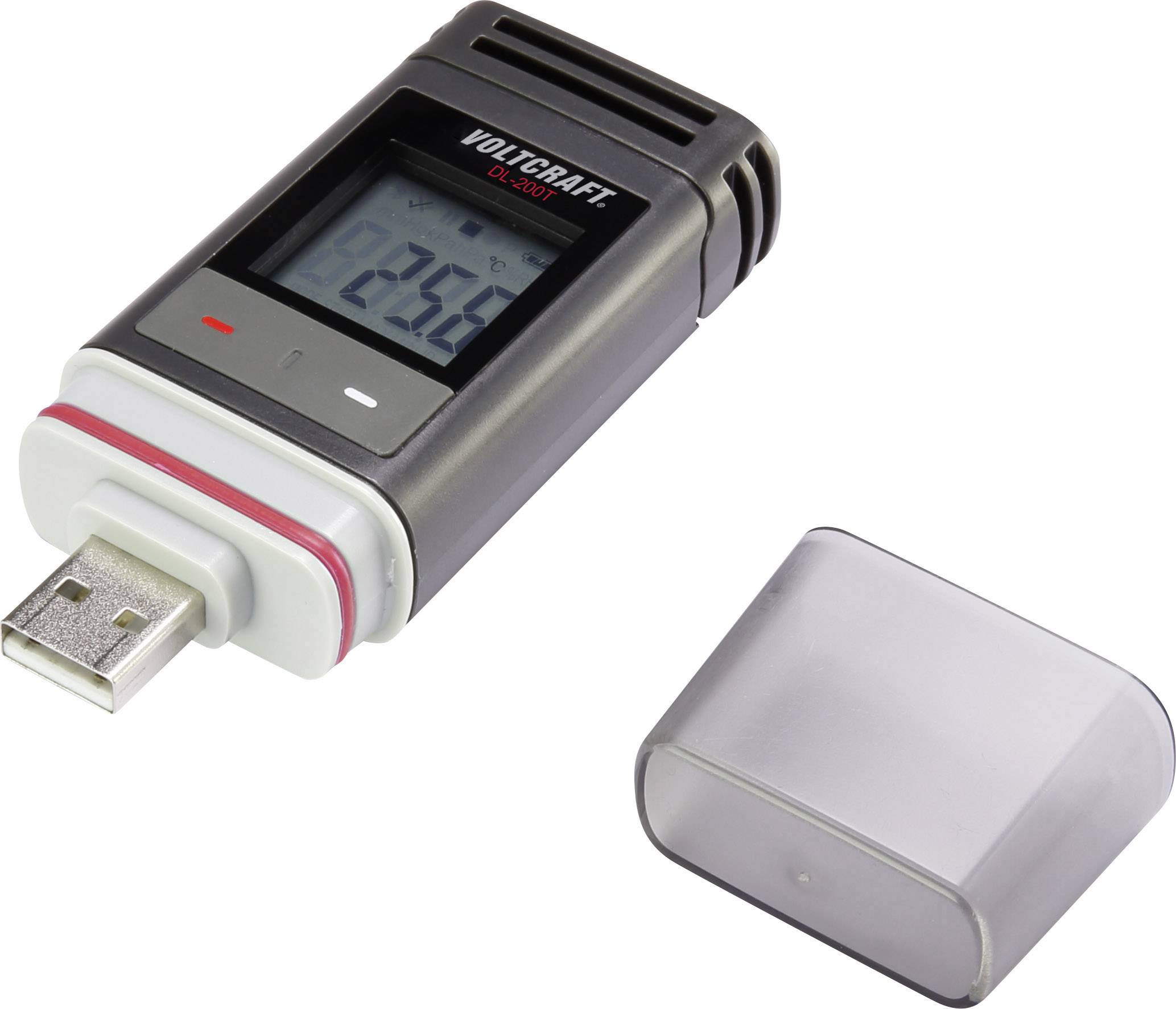 Temperatur-datalogger med aftagelig beskyttelseshætte og USB-stik. Display viser temperaturværdien '23,5°C'.