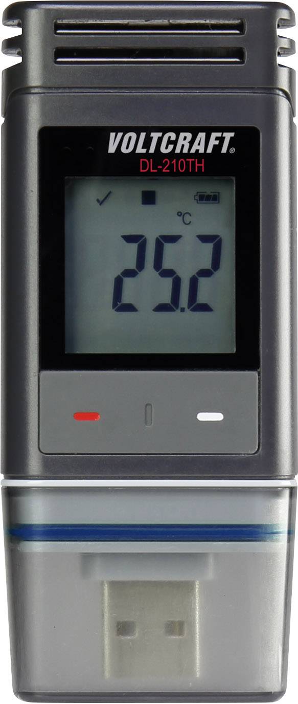 Digitalt termometer med visning '25,2 °C', mærkenavn 'Voltcraft DL-210TH'. Enhed til temperaturovervågning, USB-stik synligt.