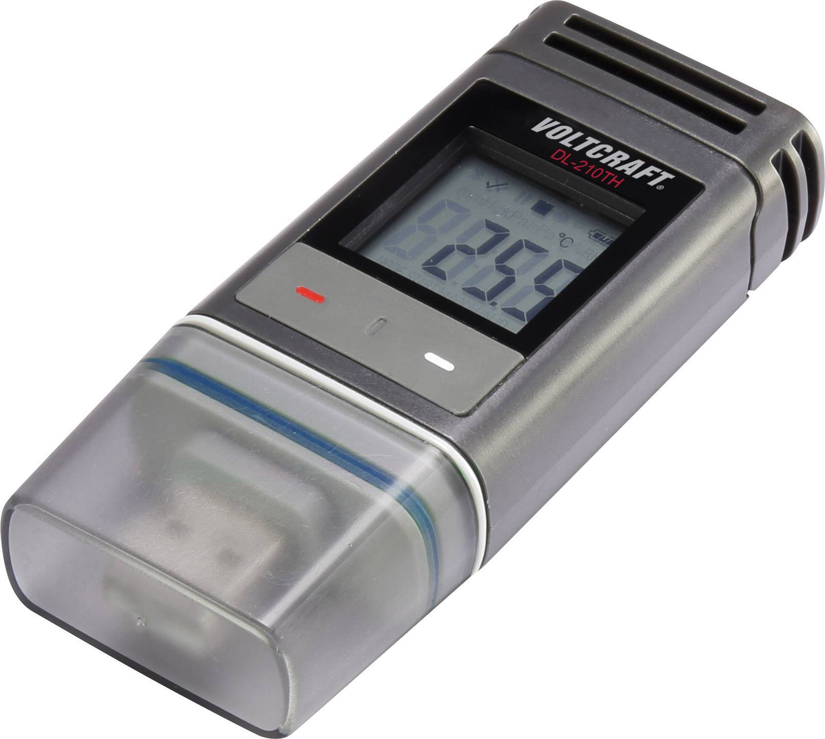 Digital datalogger med LCD-display, viser temperatur i grader Celsius. Mørkegrå kabinet med afrundede kanter.