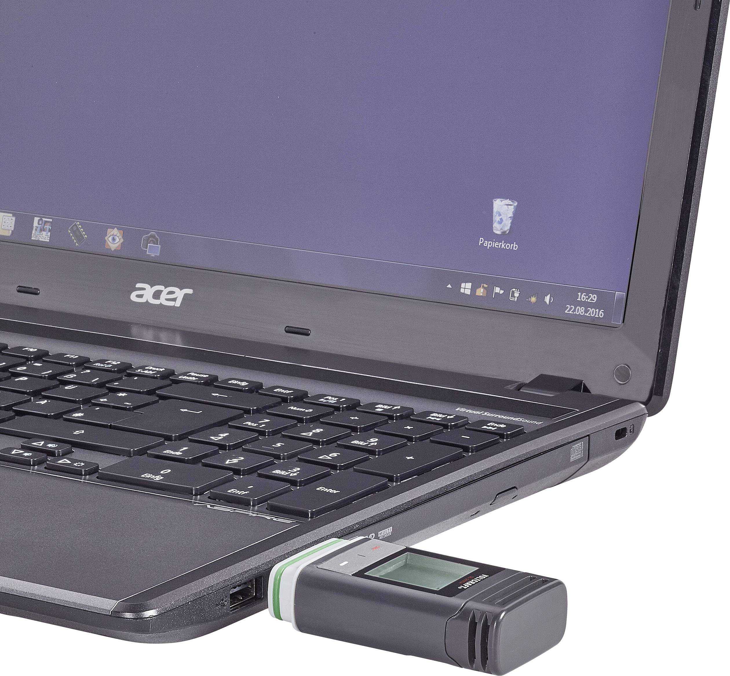 En sort Acer-bærbar computer, udstyret med en USB-stick, vises med en åben skærmvisning.