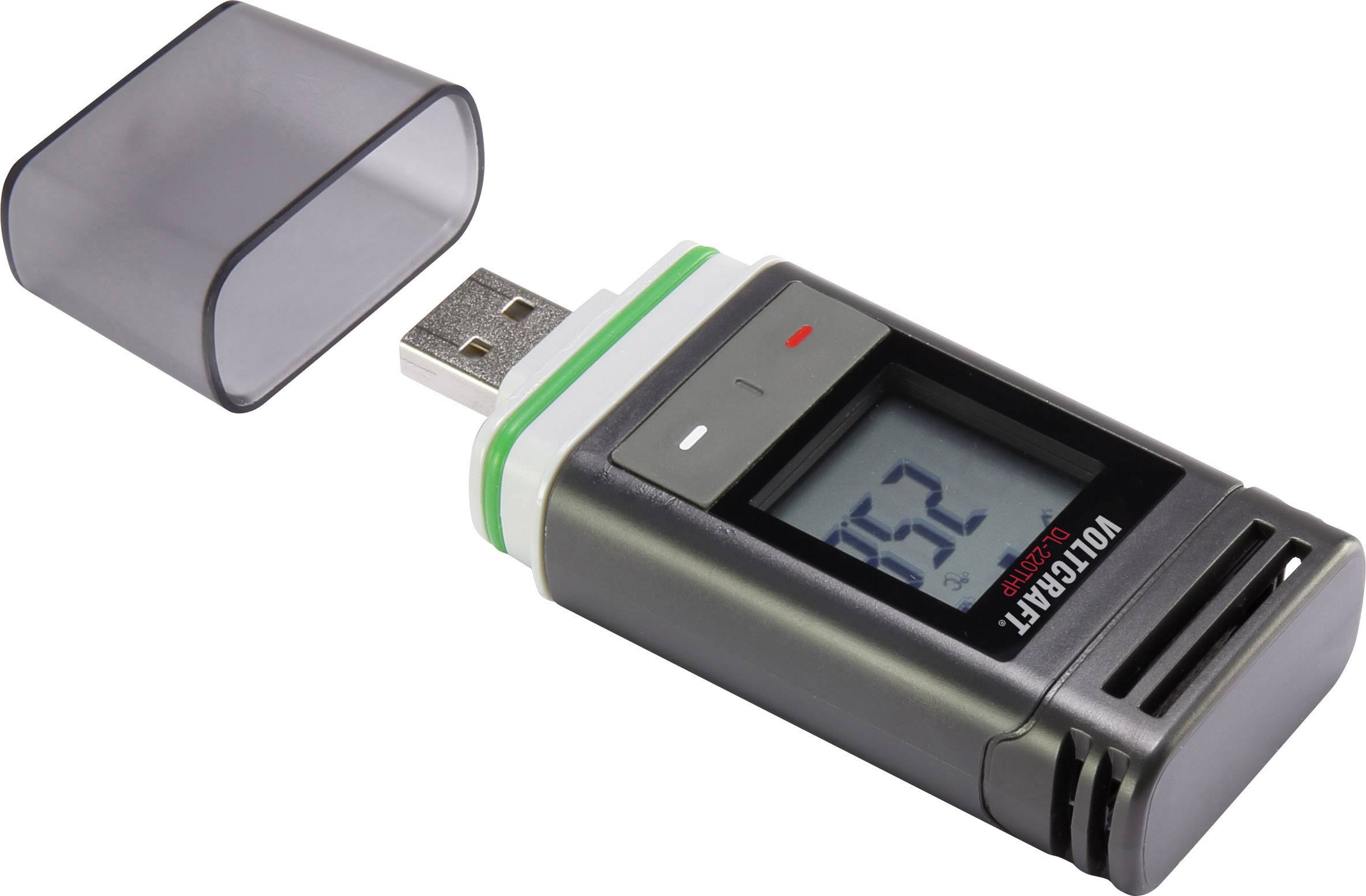 Digital datalogger i USB-stik-form med afmonteret beskyttelsesdæksel og display, der viser værdien '52'.