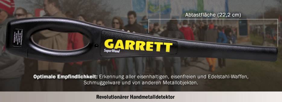 'Revolutionær håndmetaldetektor' fra GARRETT, viser detektionsarealet (22,2 cm) og evnen til at registrere forskellige metalemner.