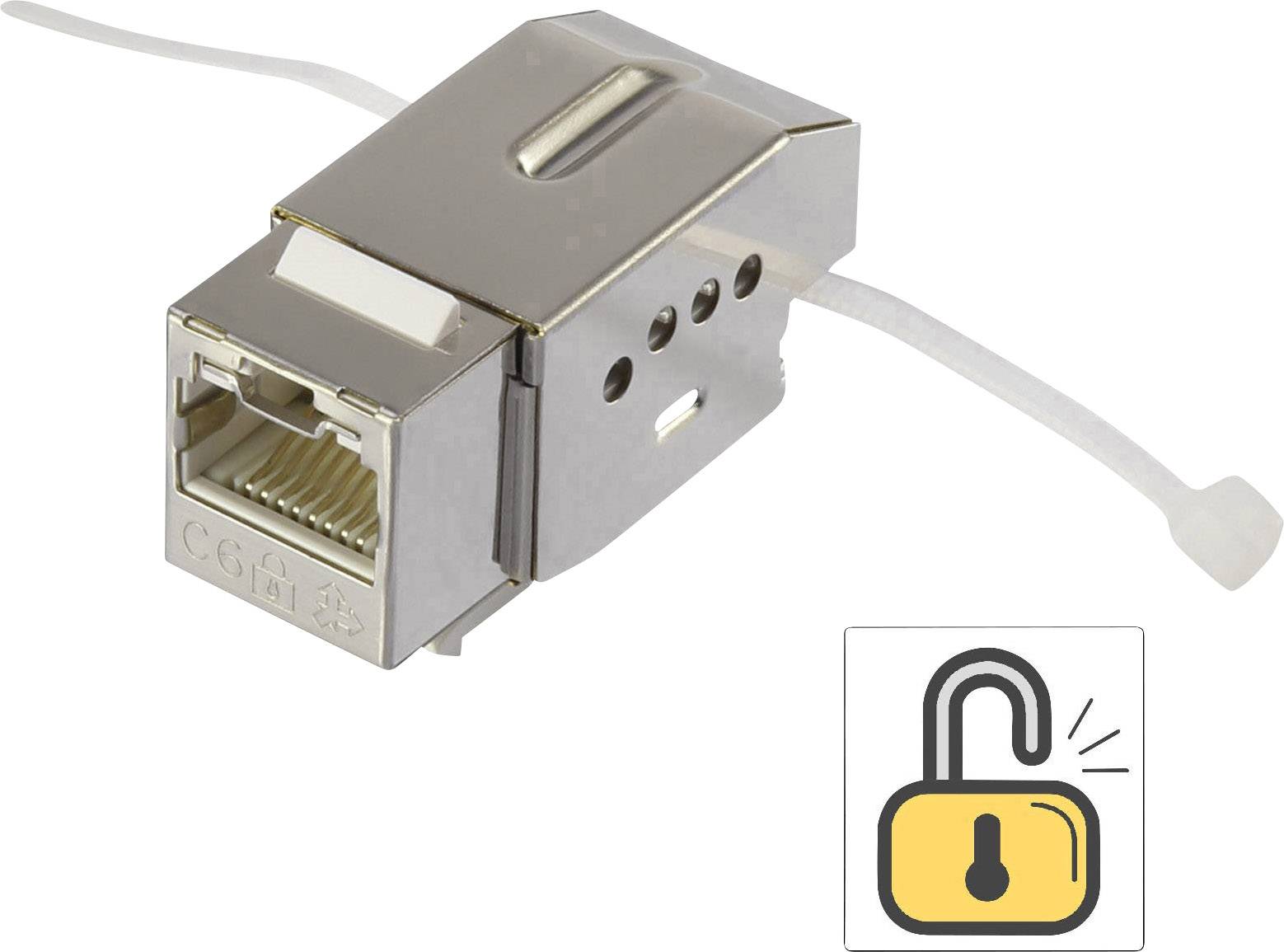 RJ45-netværksstik i metalkappe, med låsesymbol. Symbolet antyder en sikret eller låsbar forbindelse.