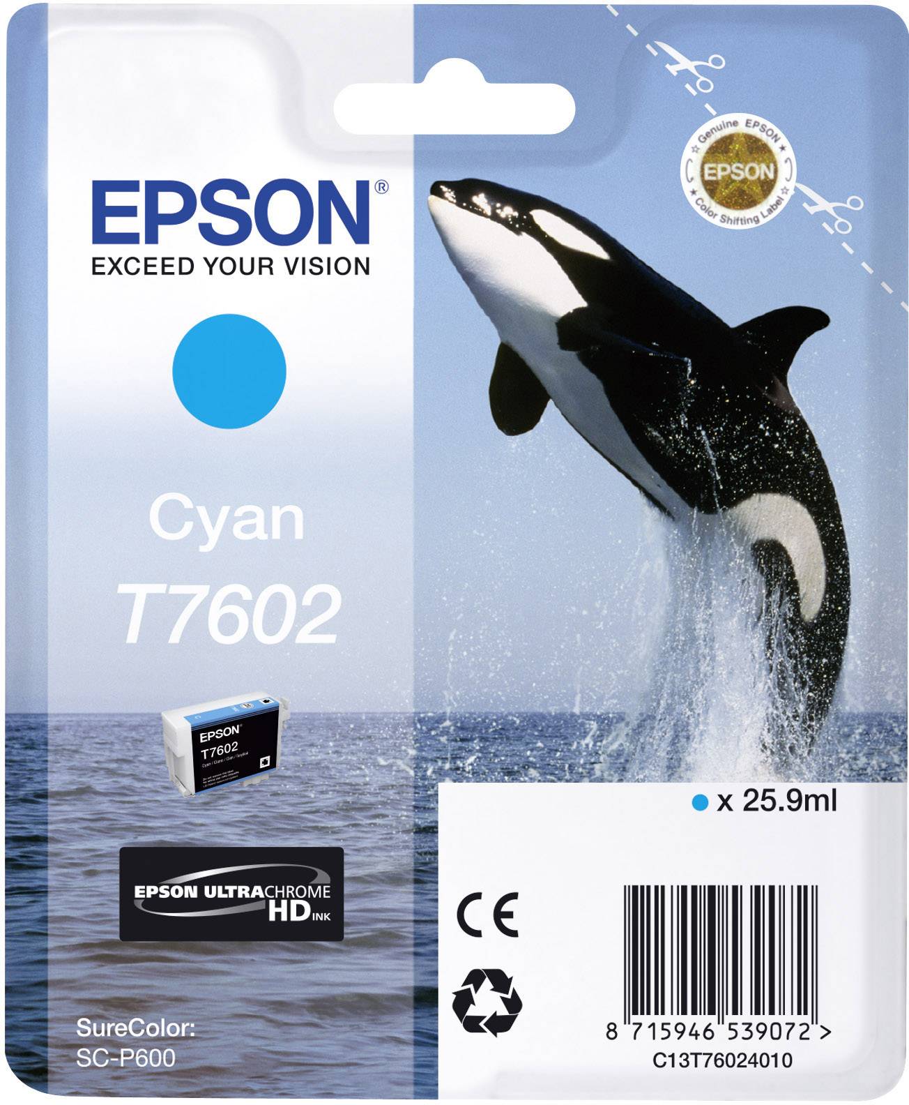 'EPSON Cyan T7602 blækpatron, 25,9 ml, til SureColor SC-P600, UltraChrome HD.' En orca springer på emballagen.