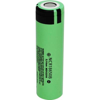 Grøn cylinderformet lithium-ion-batteri med sort tekst, mærket 'NCR18650B'.