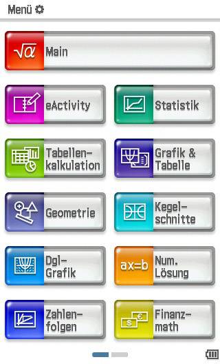 Menu for en matematisk software med valgmuligheder: 'eAktivitet', 'Statistik', 'Regneark', 'Geometri', 'Talrækker' og mere.