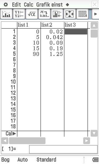 En tabelvisning med tre lister. Liste 1: Tal fra 0 til 90. Liste 2: Tal fra 0 til 15. Liste 3: Decimaltal fra 0 til 1,25.