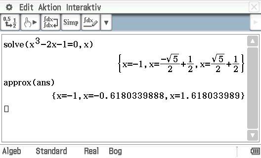 'Løsning af ligningen x³-2x-1=0. Resultater: x=-1, x=-(√5/2 + 1/2), x=(√5/2 + 1/2). Tilnærmelsesværdier: x=-1, x≈-0,618, x≈1,618.'