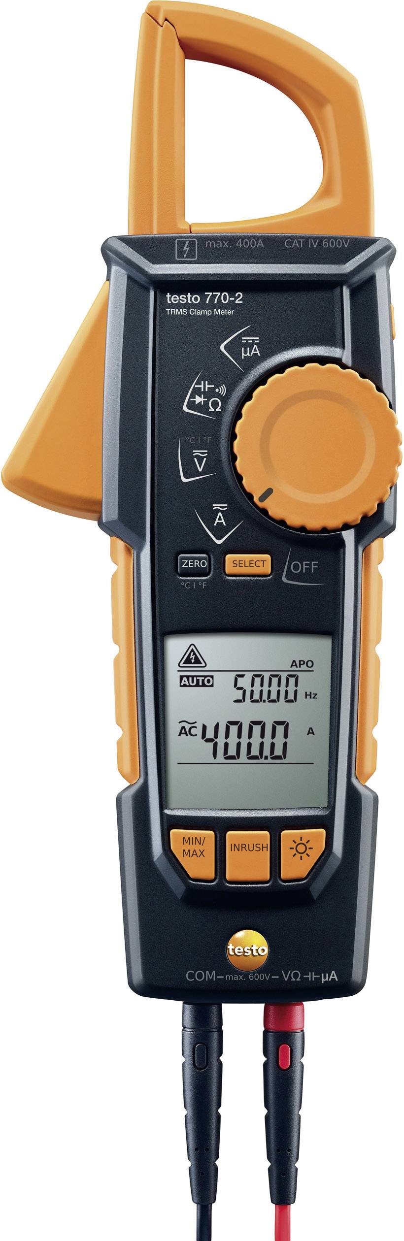 Digitalt strømmålingsapparat med klemme, viser målinger på 5000A (Hz) og 4000A (AC); display med flere knapper og drejeomskifter.