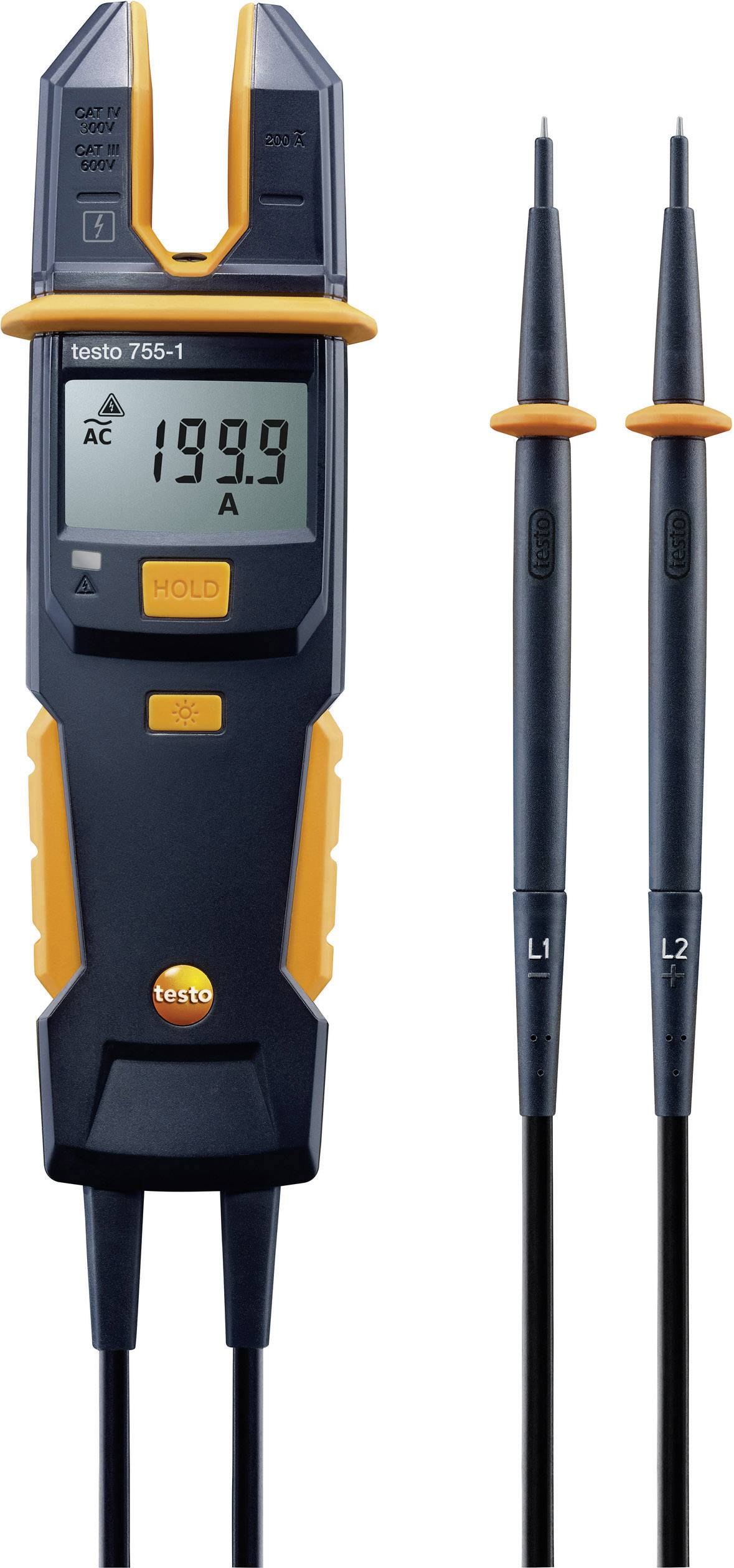 Strømmåleren med digitalt display viser 199,9 A. Indeholder to måleledninger mærket L1 og L2.