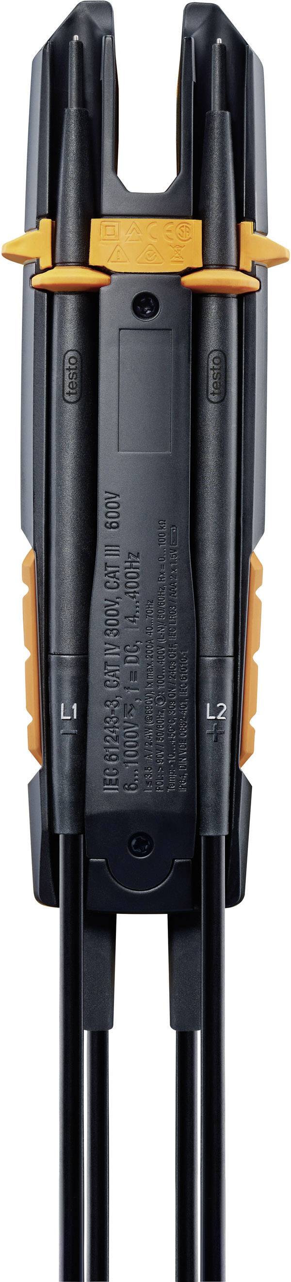 En sort, aflang elektrisk stik med orange elementer, to kabler løber nedad.
