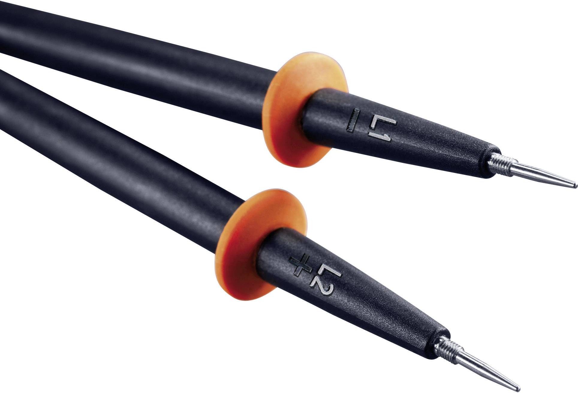 To prøveledninger i sort med orange ringe; én mærket med '+' og én med '-', beregnet til elektriske målinger.