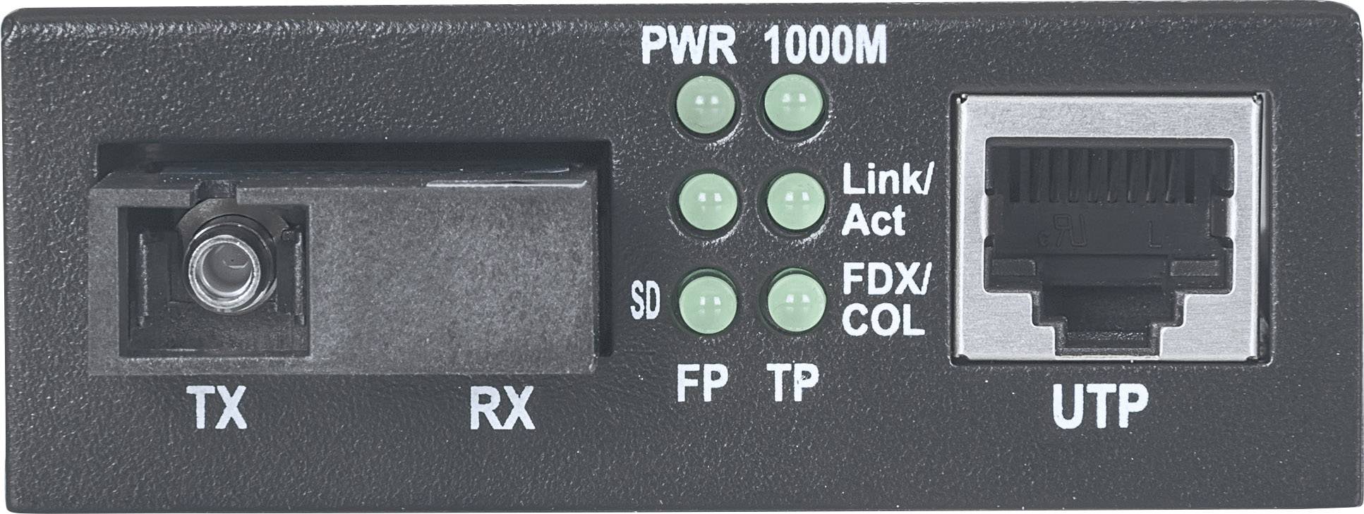 Et mediekonverter med følgende tilslutninger: TX, RX, SD. Fire grønne LED'er: PWR, Link/Act, FDX/COL, 1000M. En Ethernet-port til højre.