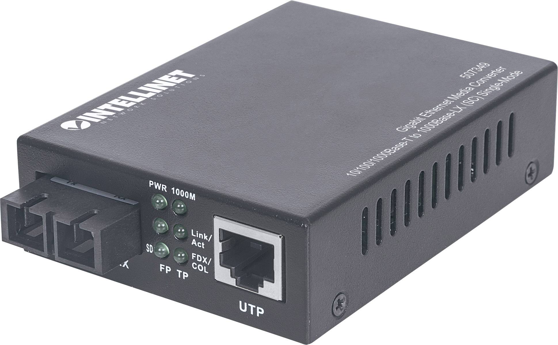 En sort netværks-mediekonverter med strøm- og link-LED-indikatorer, to glasfiberstik og en Ethernet-port.