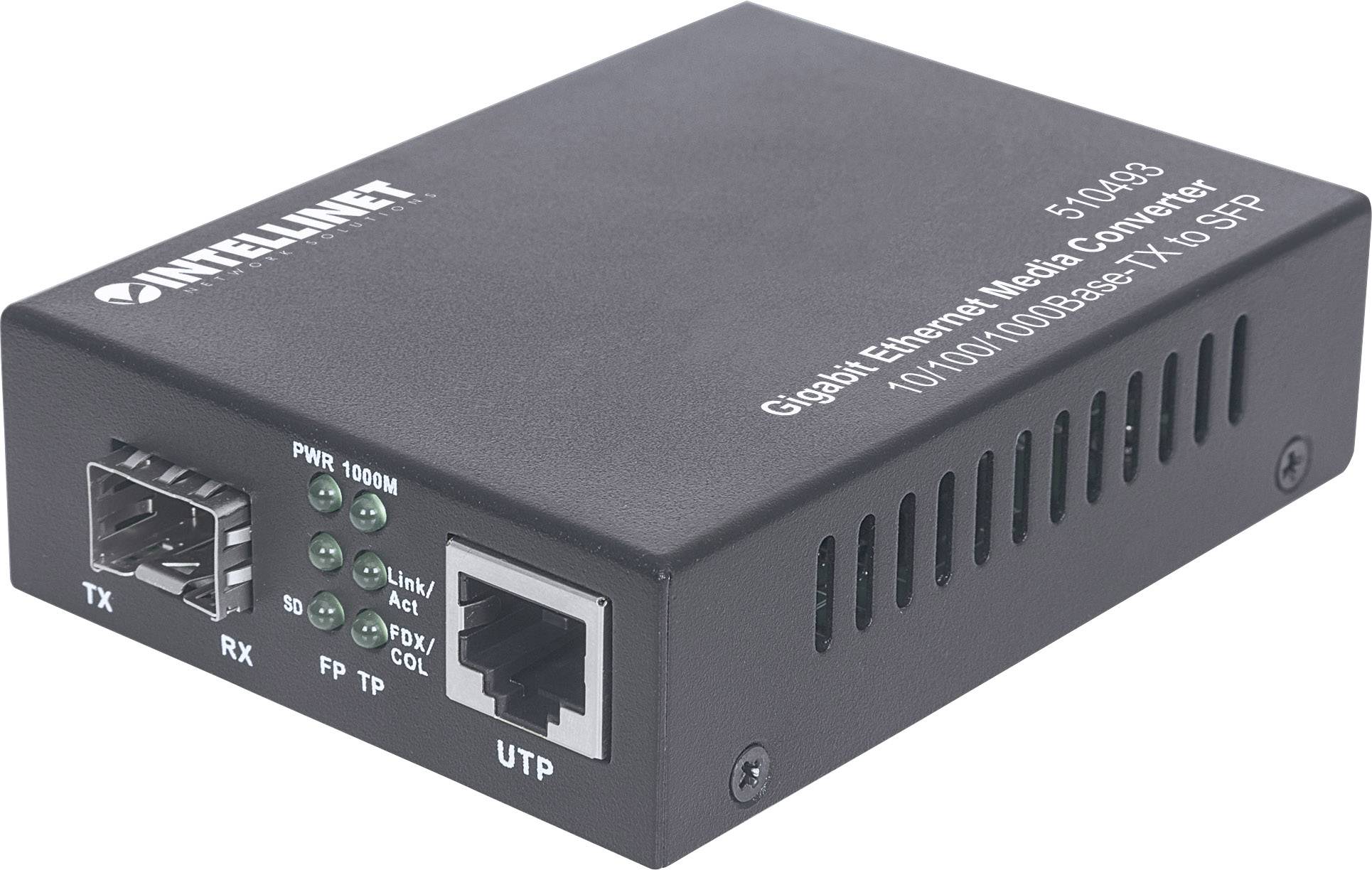 Sort Gigabit Ethernet mediekonverter med varemærkelogo, to tilslutninger: Fiberoptisk og UTP. Mærket med modelnummer og specifikationer.