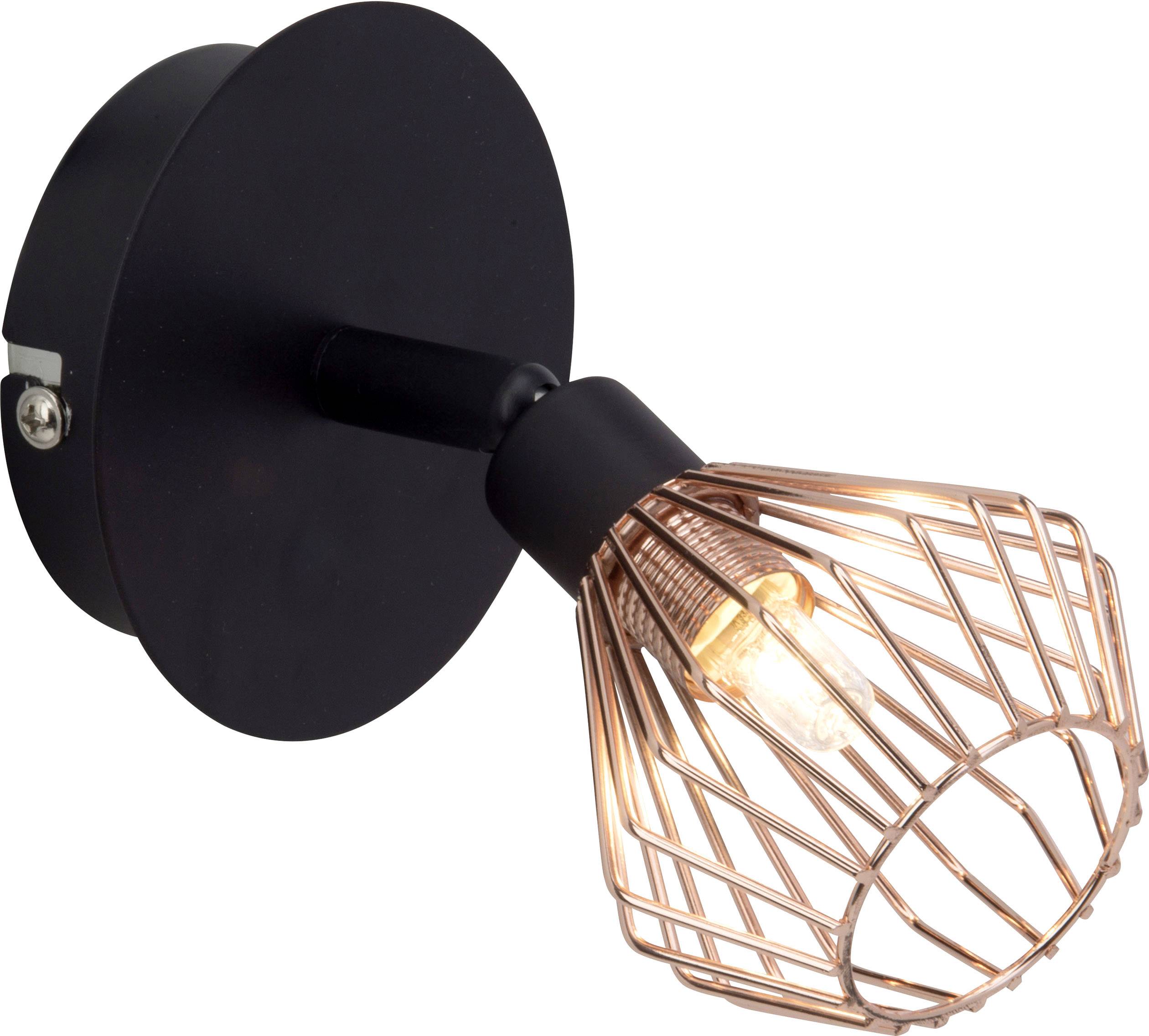 Sort væglampe med metalagtig, buragtig skærm; en glødepære lyser indeni. Moderne design til stilfuld belysning.