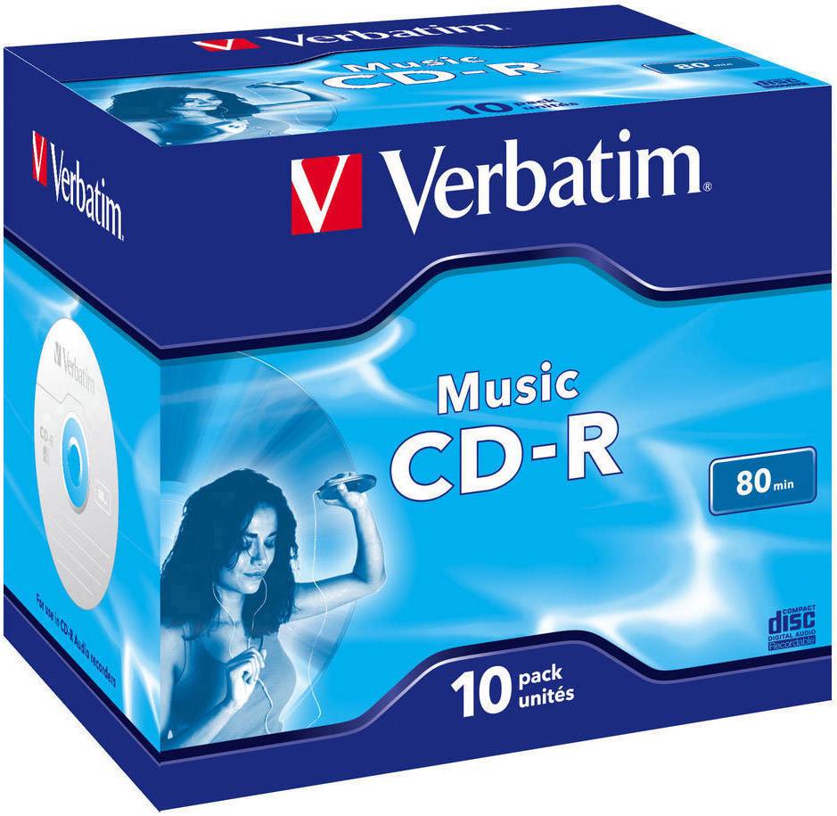Pakning med Verbatim Music CD-R med 10 diske, egnet til musikoptagelser op til 80 minutter. Hovedfarver: Blå, Rød og Hvid.