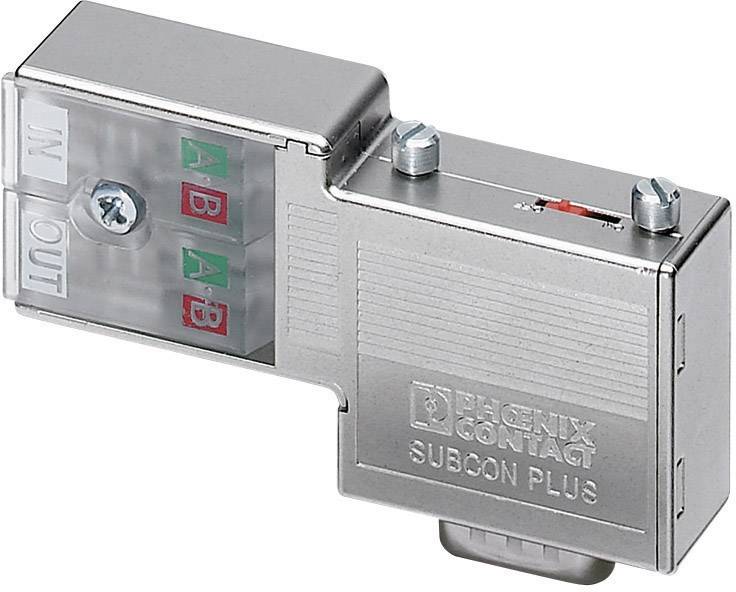 Metallic adapter fra Phoenix Contact med 'IN'- og 'OUT'-mærkning, som viser interne farvekodninger for forbindelser.