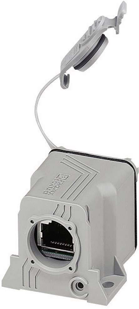 Et gråt hus med en Ethernet-port, beskyttelsesdækslet åbent. Egnet til industrielle anvendelser.