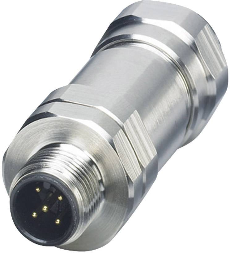 Sølvfarvet cylindrisk stik med fire metalpinde til elektriske forbindelser, viser detaljer ved fastgørelsesskruen.